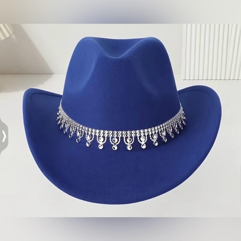 Blue Women's Felt Cowboy Hat with Silver& Rhinestones Chain Trim